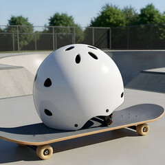 White safety helmet resting on a skateboard in a skate park. A young person's protective gear positioned on a board in an outdoor recreational setting.