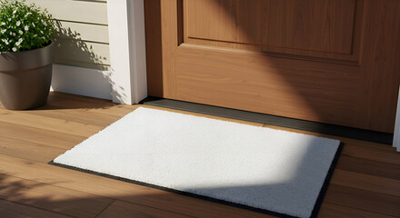 A simple, neutral-colored doormat sits on a light-brown wooden floor in front of a light-brown wooden door. Home exterior, neutral style doormat in front of a home's entryway.