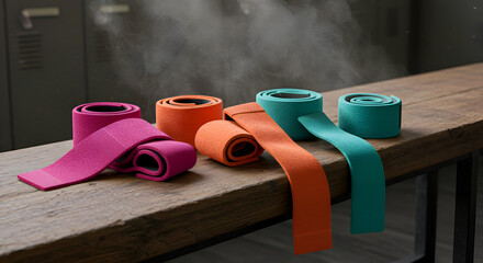 Colorful exercise resistance bands displayed on a wooden surface in a gym setting.