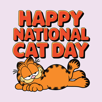 Vector art of happy national cat day text with garfield the cat lying down, celebrating the special day for cats and feline lovers