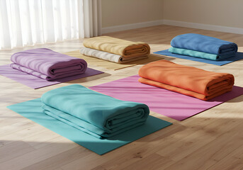 Folded blankets resting on yoga mats in a bright, sunlit yoga studio. Multiple colorful blankets are neatly rolled up on exercise mats, creating a serene and organized yoga space.