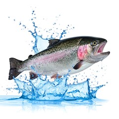 Obraz premium A rainbow trout leaping from water, creating a splash against white