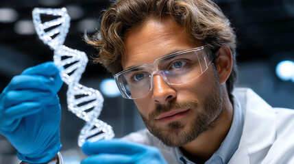 Genetic Scientist's Discovery: A focused scientist in a sterile lab, meticulously examining a DNA model, representing the dedication to unraveling the secrets of life.