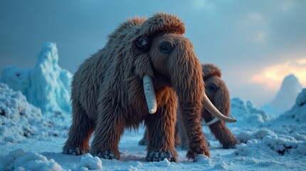 Woolly Mammoth in a Snowy Arctic Landscape at Dusk.