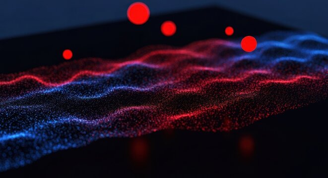 Abstract digital rendering, wavy surface of light particles with floating red spheres