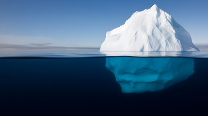 A colossal iceberg, partially submerged, showcases the hidden immensity beneath the water's surface against a clear blue sky. Nature's frozen giant.