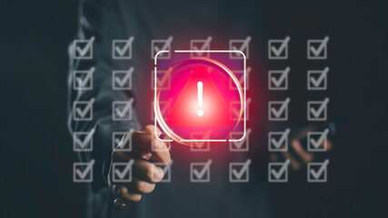 Error detection warning concept with digital checklist and red alert symbol on virtual interface, representing system monitoring, risk management, data security validation technology.