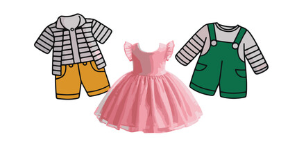 Collection of Children's Clothing Outfits Including a Pink Dress and Two Outfits with Overalls on White Background