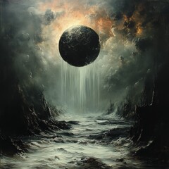 Abstract Sphere Suspended Over Turbulent Water with Atmospheric Cloud Formations