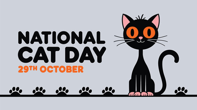 Vector art of national cat day celebration on october 29th with a cute cartoon black cat and paw prints
