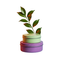 Elegant cosmetic tins stacked creatively with a vibrant green leaf sprig symbolizing natural beauty and organic products.