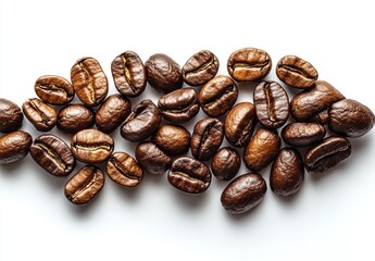 Scattered Coffee Beans Isolated on White Background in Studio Lighting