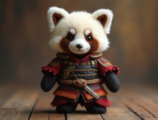Red panda plush toy dressed as samurai warrior