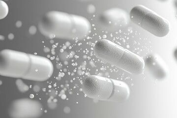 White Capsules Floating with Granular Particles Against a Soft Gray Gradient Background