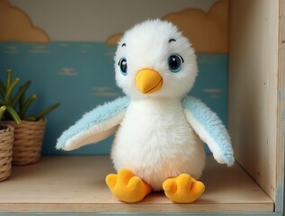 Stuffed penguin toy sitting on wooden shelf