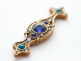 Golden pendant with blue and green gemstones shining on white background