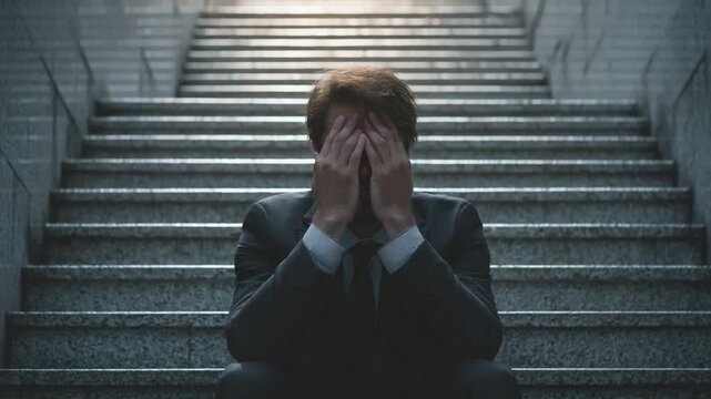 Shadows of Despair: A lone figure, overwhelmed by life's burdens, sits hunched on a flight of steps. A poignant representation of the struggles and vulnerability of the human experience.