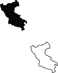 Obraz premium Two clean monochromatic representations of a countrys or regions shape, showcasing a solid black silhouette and a distinct contour line