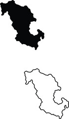 A clear duo of monochromatic geographic shapes, illustrating a specific regions form with a solid black fill and a linear contour
