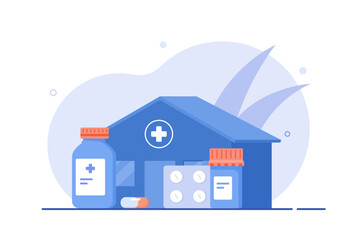 Illustration of a medical building or pharmacy with a cross symbol, flanked by large medicine bottles, a capsule, and a blister pack, representing healthcare services and pharmaceutical dispensing.