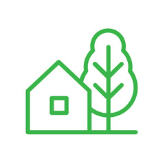 Green House and Tree Line Icon, Eco-Friendly Living