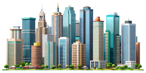 A vibrant and detailed cityscape illustration showcasing a variety of modern skyscrapers isolated on transparent background, reflecting urban architecture