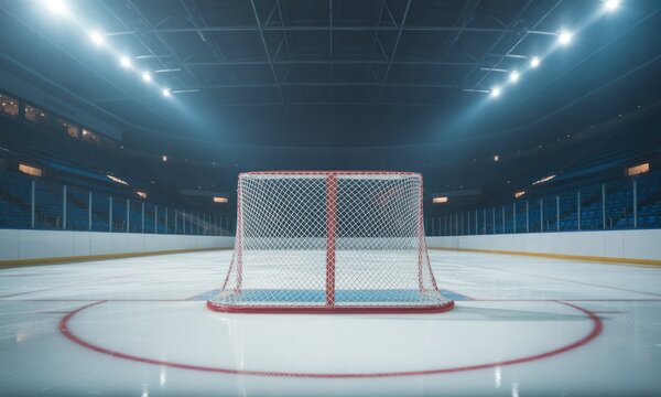 An empty ice rink with a hockey net center stage, illuminated by overhead lights