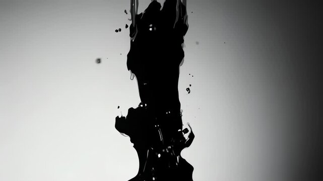 A splash of fluid black paint against a gradient gray backdrop, forms an abstract droplet