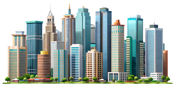 A vibrant and detailed cityscape illustration showcasing a variety of modern skyscrapers isolated on transparent background, reflecting urban architecture