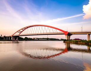 Obraz premium Red arch bridge spanning tranquil river at sunset