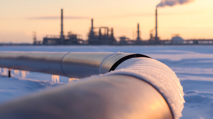Pipeline in a snowy landscape leading to industrial site. Energy infrastructure, frozen winter scene, oil and gas transport under a colorful sunset sky.