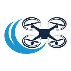 Modern drone silhouette with blue swirl motion graphic logo for technology and aviation