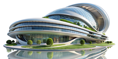 Futuristic building with a modern design and glass facade isolated on transparent background, showcasing innovative architectural concept