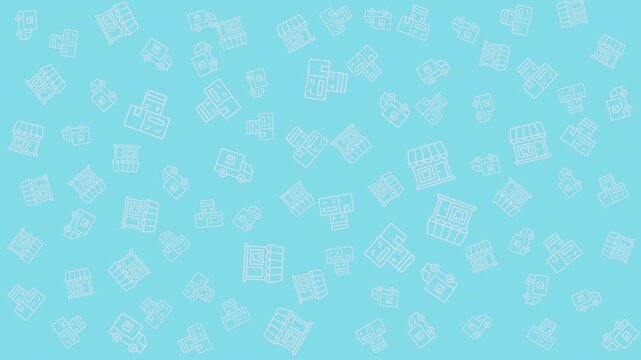 Blue seamless background with ecommerce line icon, storefronts, delivery trucks, parcels, receipt. Ideal for retail branding, web, packaging. 4K video