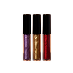 Sparkling liquid eyeshadows in glamorous purple, gold, and red hues offer stunning shimmer for captivating eye looks and professional makeup artistry.