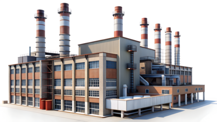 Industrial factory building with multiple chimneys and detailed architecture, isolated on transparent background, showcasing manufacturing