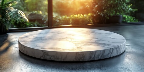 Round Gray Textured Pedestal on Wet Floor with Sunlit Green Plants Backdrop
