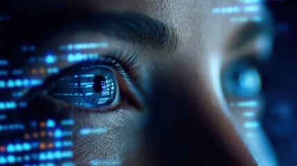 Close-up of a person's eye reflecting digital data and technology.
