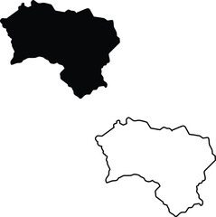 Black silhouette map and outline of an undefined geographical region on a white background