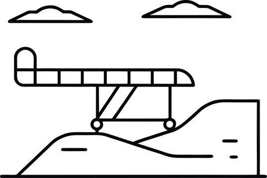 Outline drawing of a plane on a ramp with rolling hills and clouds airplane aircraft
