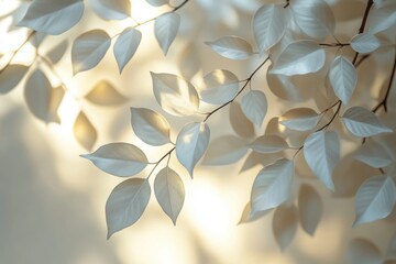 Sunlit White Leaves on Branches with Soft Shadows Against Neutral Background