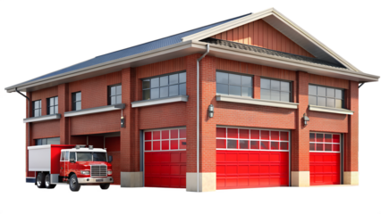 Fire station isolated on transparent background fire truck parked in front of the building emergency service and rescue operation safety and security