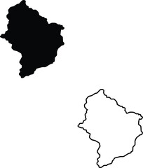 Black silhouette and precise outline map of a geographical region displayed on a crisp white background