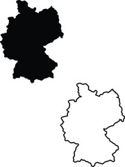 Detailed black silhouette and outline map of Germany prominently displayed on a clean white background