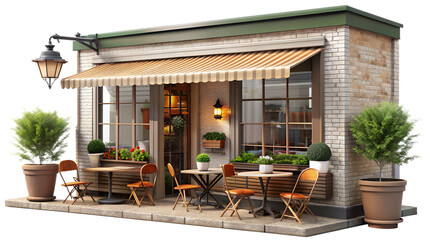 Charming cafe with outdoor seating isolated on transparent background a cozy cafe with a striped awning, tables, chairs, and potted plants