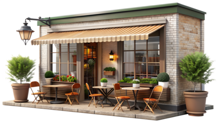 Charming cafe with outdoor seating isolated on transparent background a cozy cafe with a striped awning, tables, chairs, and potted plants