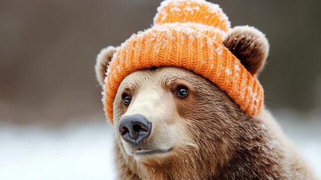 Bear wearing a knit hat in a snowy landscape