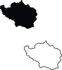 Black silhouette and clear outline of a compact, rugged geographical region on a plain white backdrop