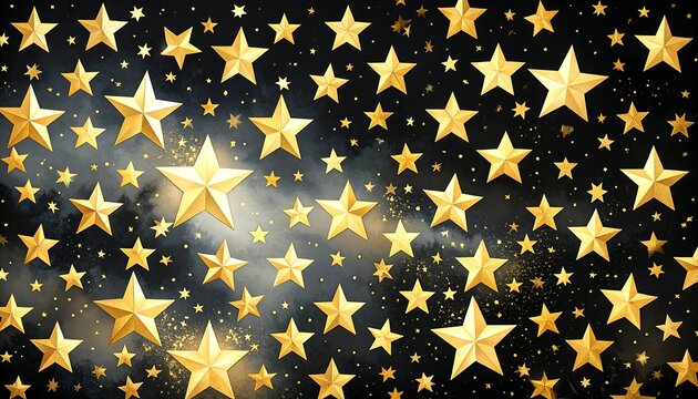 Golden stars scattered across a black background, with a smoky effect