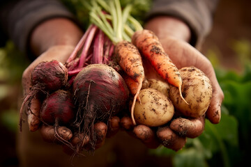 A farmer holding a freshly harvested bounty of organic potatoes, carrots, and beets with soil-covered hands